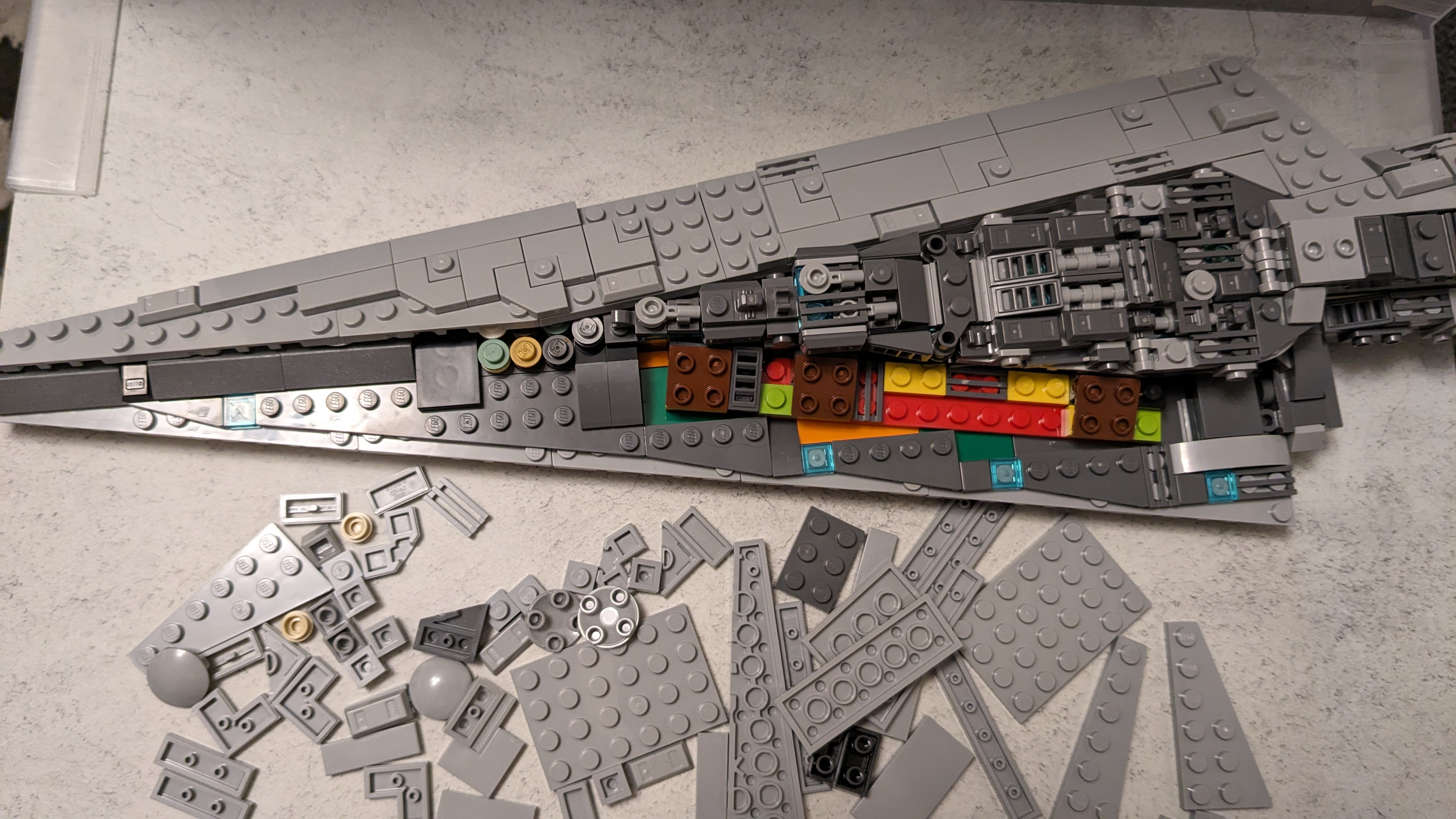 The Lego Star Wars Executor Super Star Destroyer in the process of being built.
