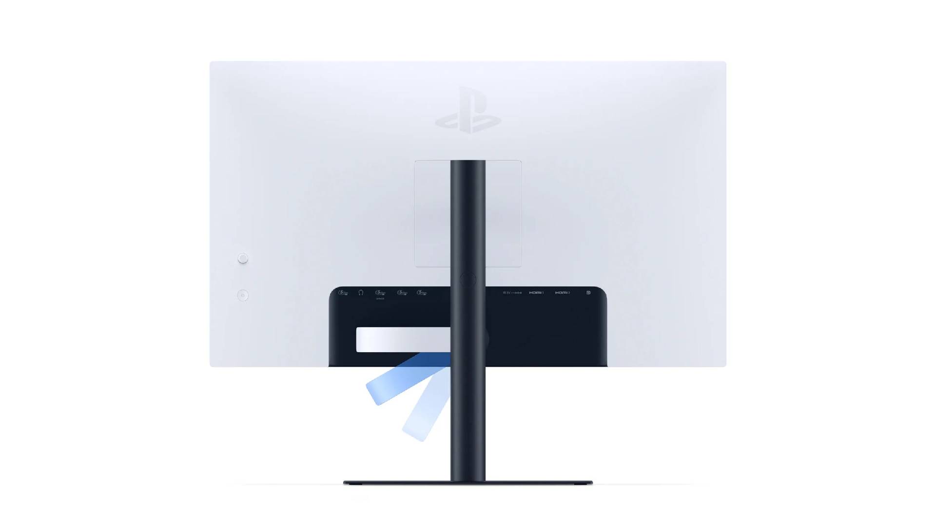 Back view of 27-inch PlayStation monitor with charging hook in motion.