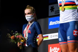 LEUVEN BELGIUM SEPTEMBER 25 Silver medalists Kaia Schmid of United States poses on the podium during the medal ceremony after the 94th UCI Road World Championships 2021 Women Junior Road Race a 752km race from Leuven to Leuven flanders2021 on September 25 2021 in Leuven Belgium Photo by Tim de WaeleGetty Images