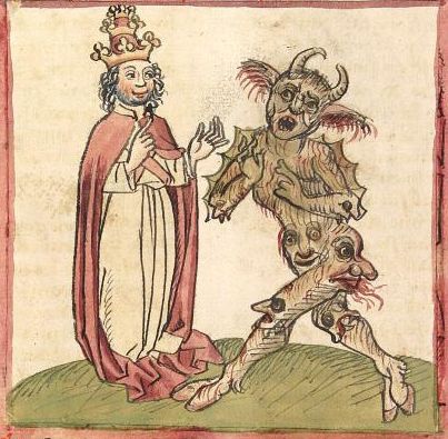 An illustration of Pope Silvester II and the Devil.