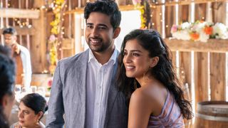 Suraj Sharma as Ravi and Pallavi Sharda as Asha in Wedding Season on Netflix