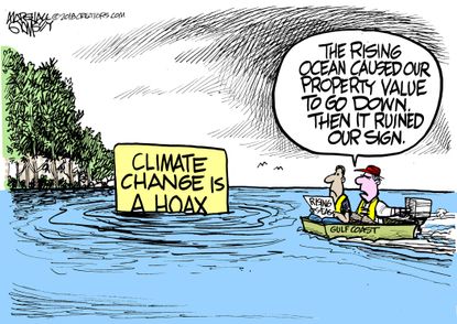 Editorial cartoon U.S. Gulf Coast climate change hoax rising ocean levels property value decline