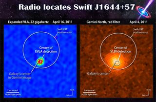 To link the Swift event to the galaxy required observations at radio wavelengths, which showed that the galaxy's center contained a brightening radio source.