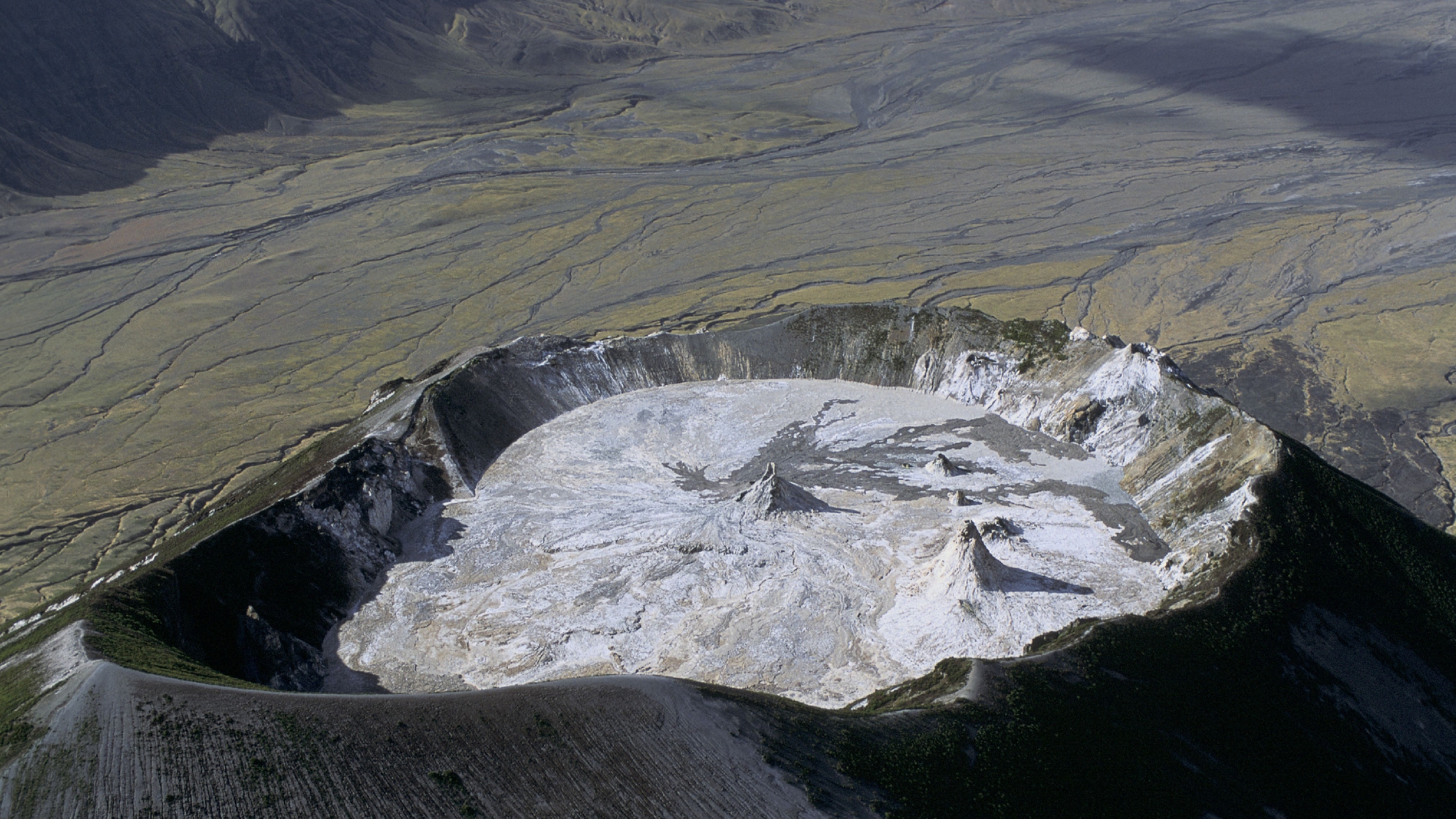 A close-up aerial photo of the volcano's summit