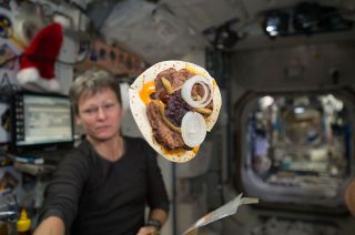 A "space cheeseburger," made using a tortilla for bread, is seen on board the International Space Station in late 2016. NASA astronaut Peggy Whitson floats in the background.