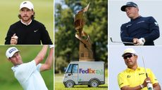 The FedEx St. Jude Championship trophy, with multiple players around it