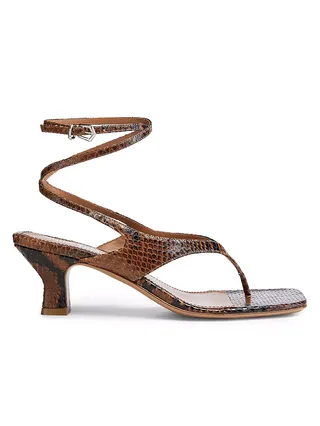 55mm Python-Effect Leather Ankle-Wrap Sandals