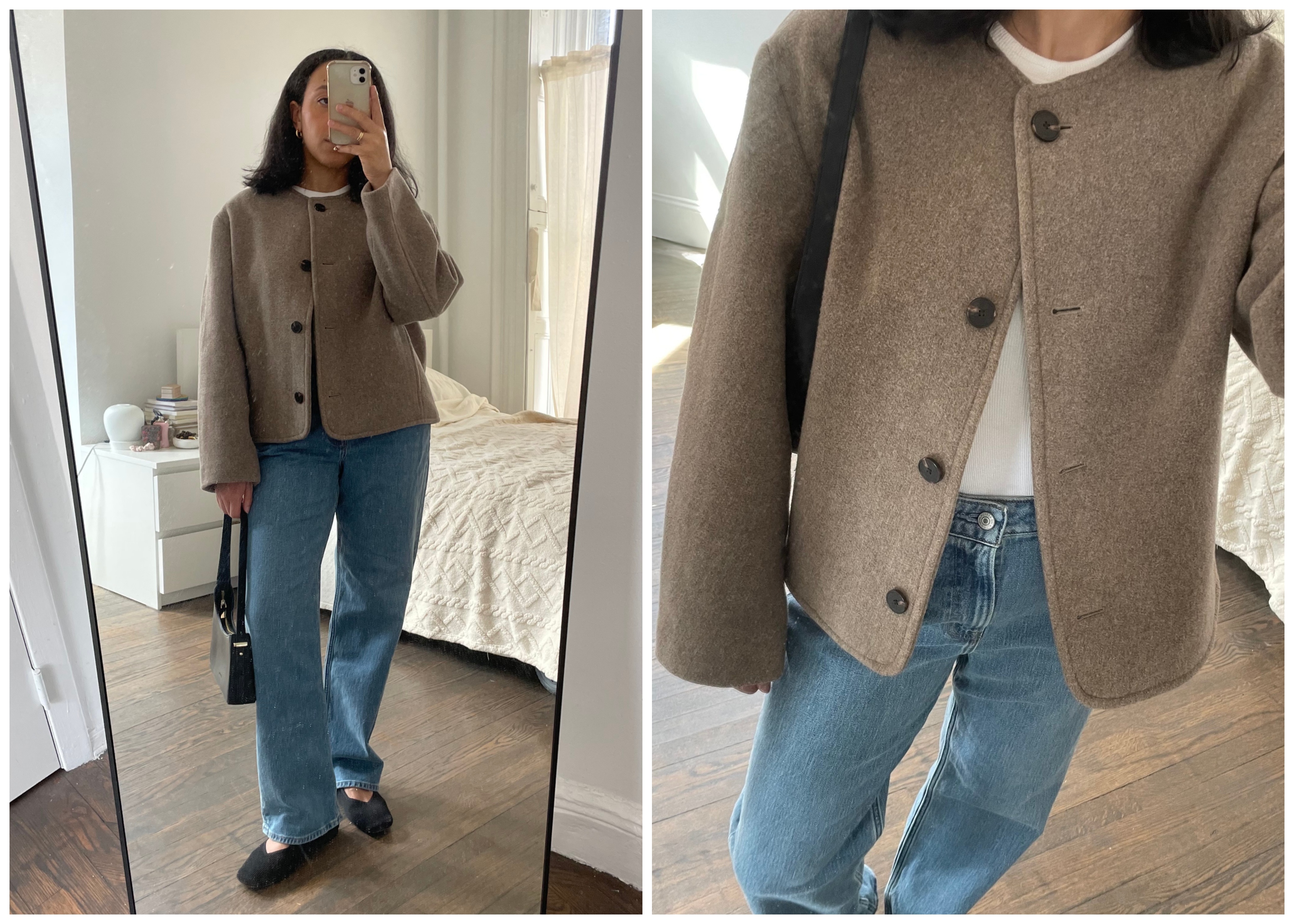 Lauren Tappan wearing a collarless coat and jeans