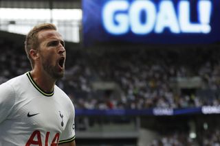 Harry Kane celebrates a goal for Tottenham against Wolves in August 2022.