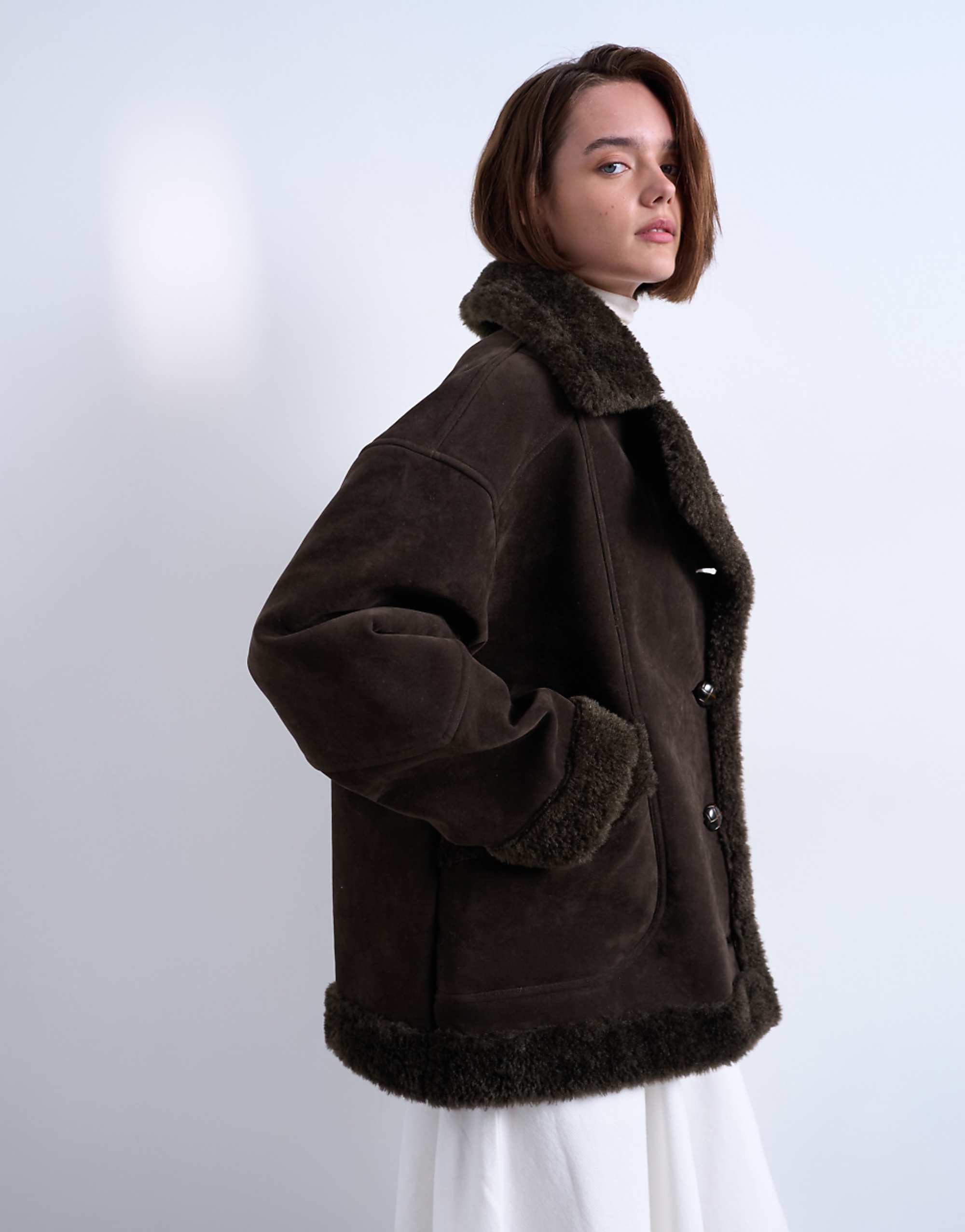 Topshop Faux Suede Shearling Oversized Car Coat in Chocolate