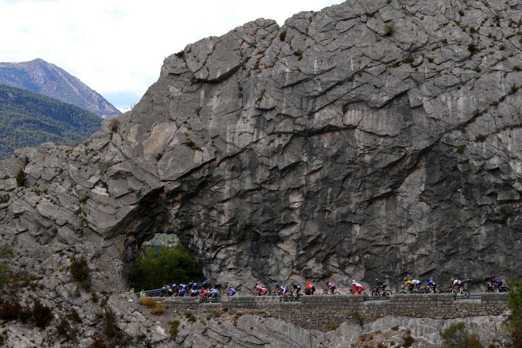 SISTERON FRANCE AUGUST 31 Mads Pedersen of Denmark and Team Trek Segafredo Col des Leques 1145m Landscape Mountains Peloton during the 107th Tour de France 2020 Stage 3 a 198km stage from Nice to Sisteron 488m TDF2020 LeTour on August 31 2020 in Sisteron France Photo by Tim de WaeleGetty Images