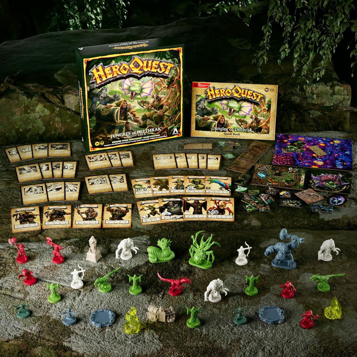 HeroQuest Jungles of Delthrak Quest Pack components including minis and cards