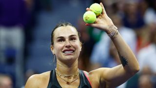 Belarus's Aryna Sabalenka celebrates defeating USA's Jessica Pegula in their women's singles semifinal tennis match on day twelve of the US Open tennis tournament at the USTA Billie Jean King National Tennis Center in New York City on September 4, 2025. (Photo by Kena Betancur / AFP) (Photo by KENA BETANCUR/AFP via Getty Images)