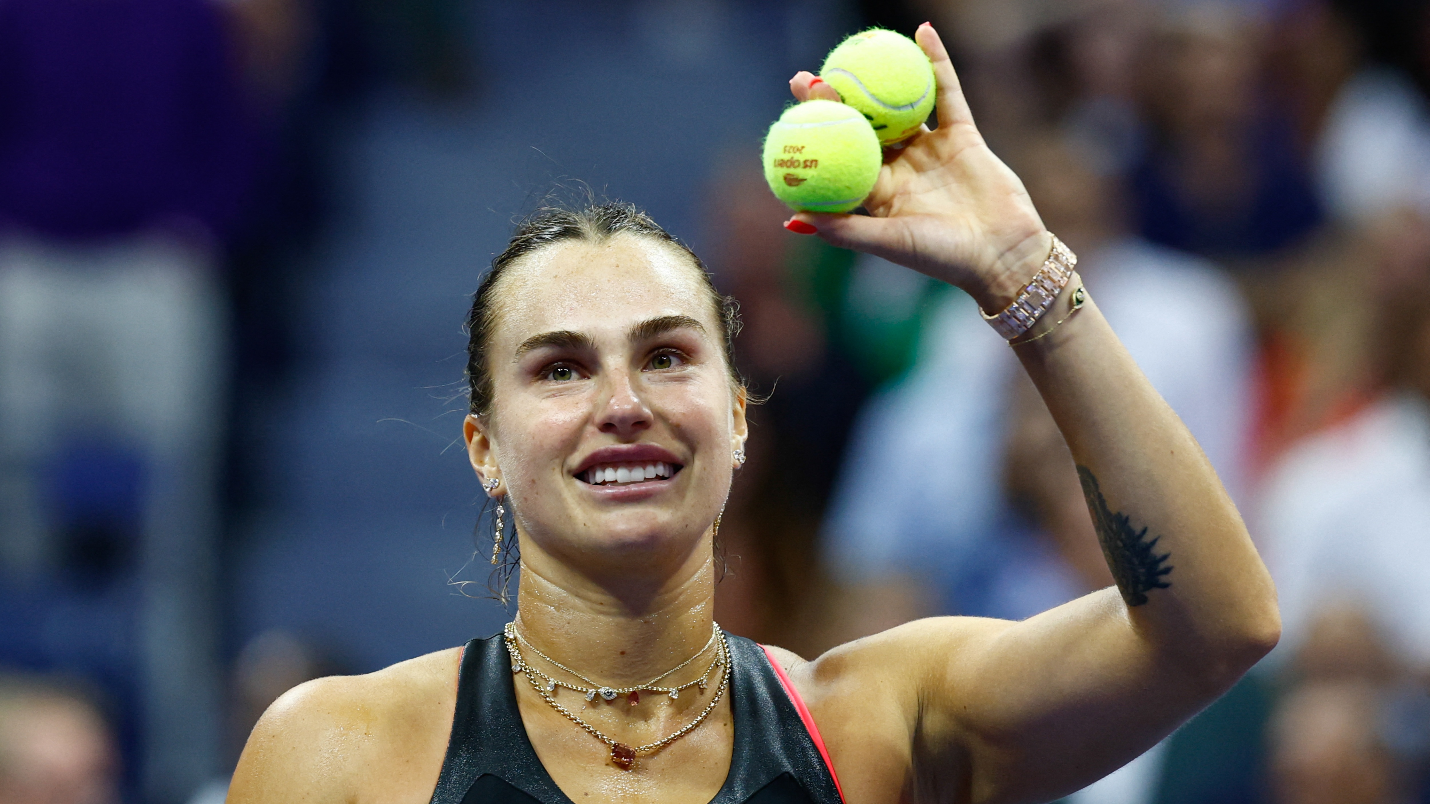Belarus's Aryna Sabalenka celebrates defeating USA's Jessica Pegula in their women's singles semifinal tennis match on day twelve of the US Open tennis tournament at the USTA Billie Jean King National Tennis Center in New York City on September 4, 2025. (Photo by Kena Betancur / AFP) (Photo by KENA BETANCUR/AFP via Getty Images)
