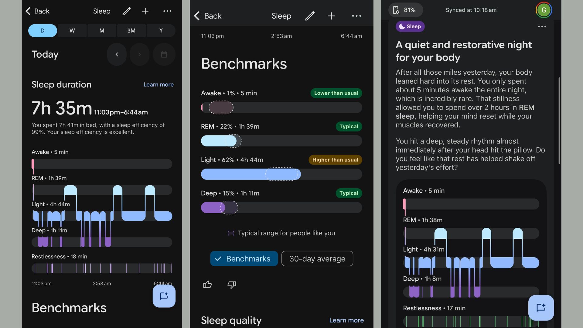Grace Walsh's sleep data on the google health app