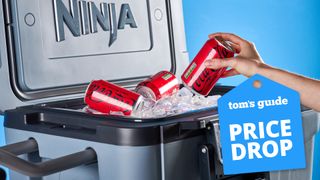 Ninja FrostVault Cooler pictured with a hand reaching for cans of soda and ice with a tag saying price drop.