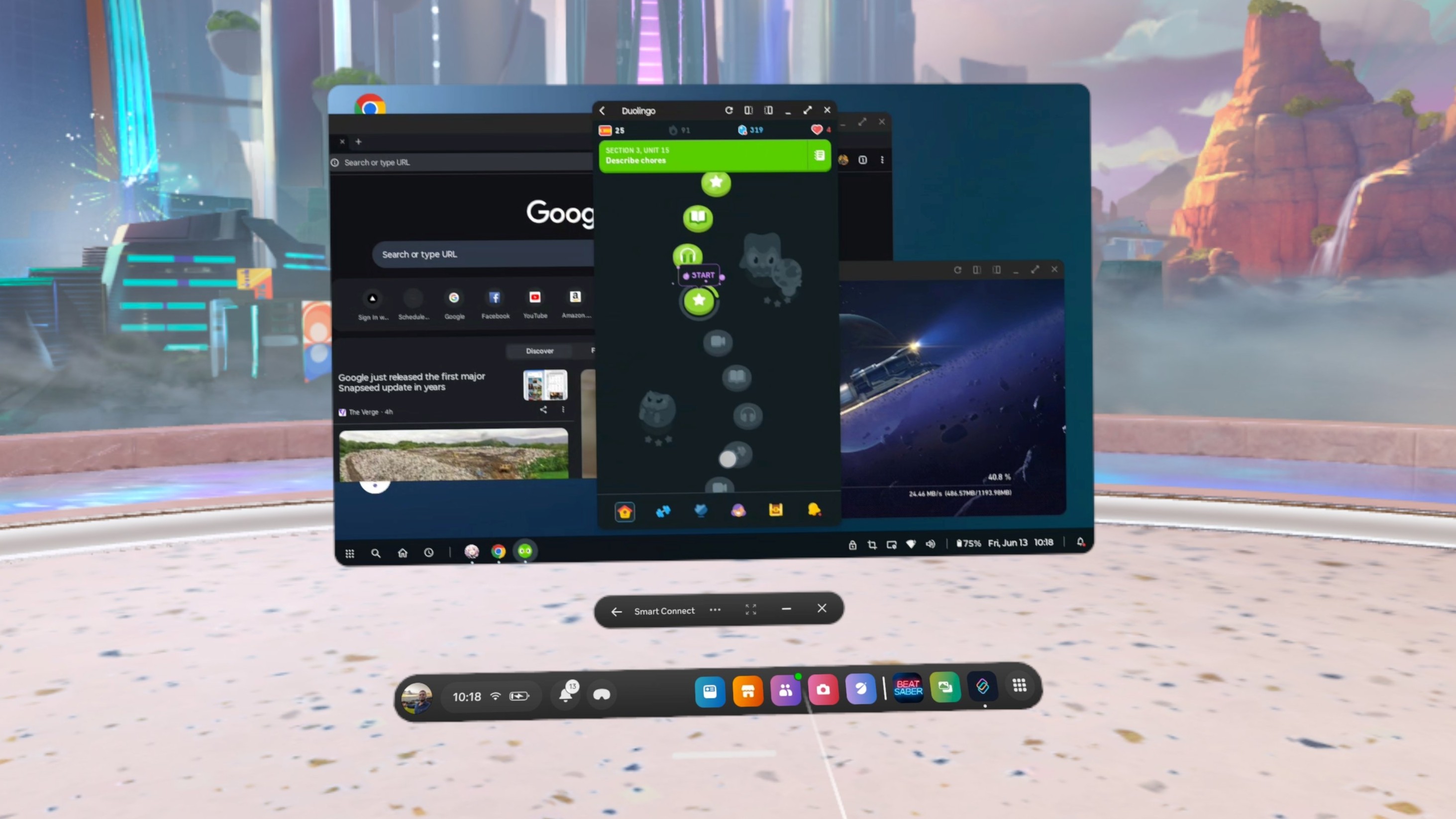 Multiple apps open on Smart Connect desktop mode on the Quest 3
