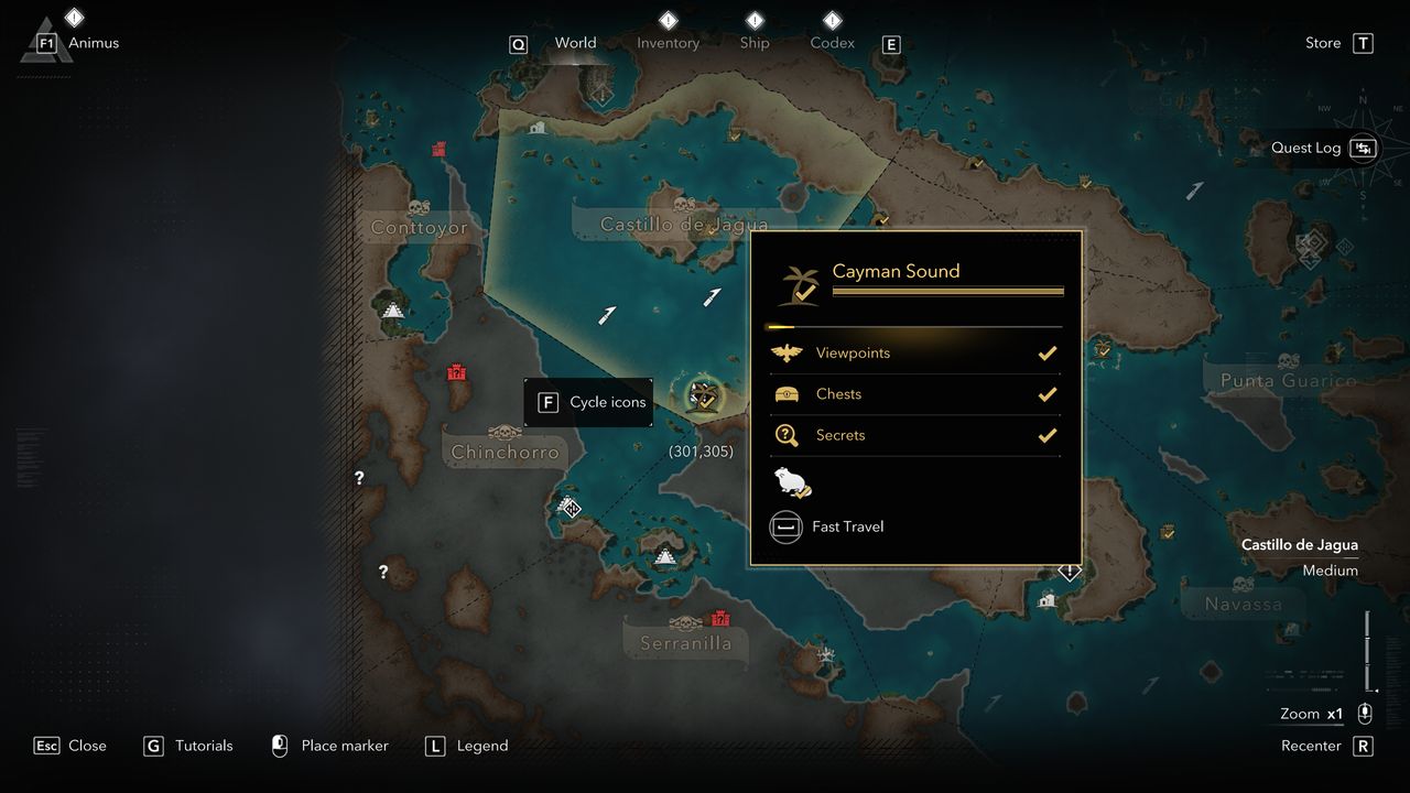 Black Flag treasure maps: A screenshot of the map showing the location of the buried treasure chest in Cayman Sound.