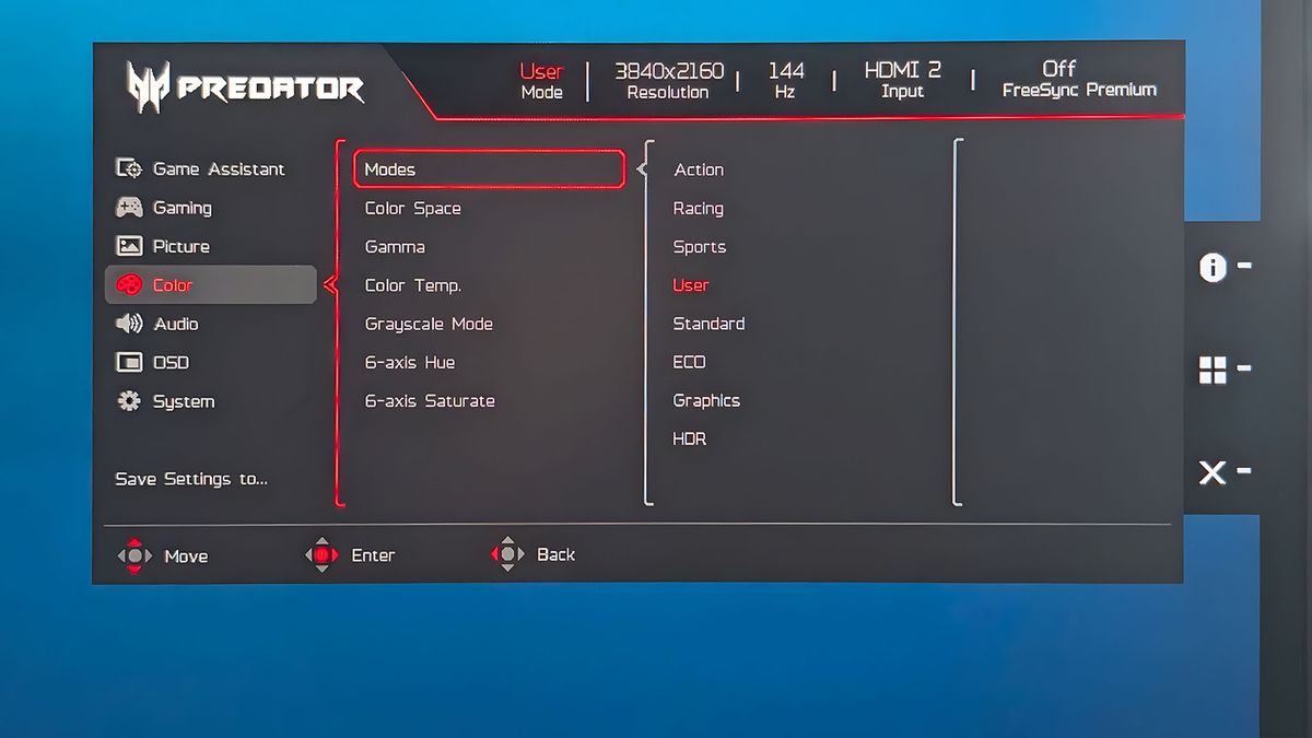 A closedup of the Modes OSD menu on the Acer Predator XB273K.