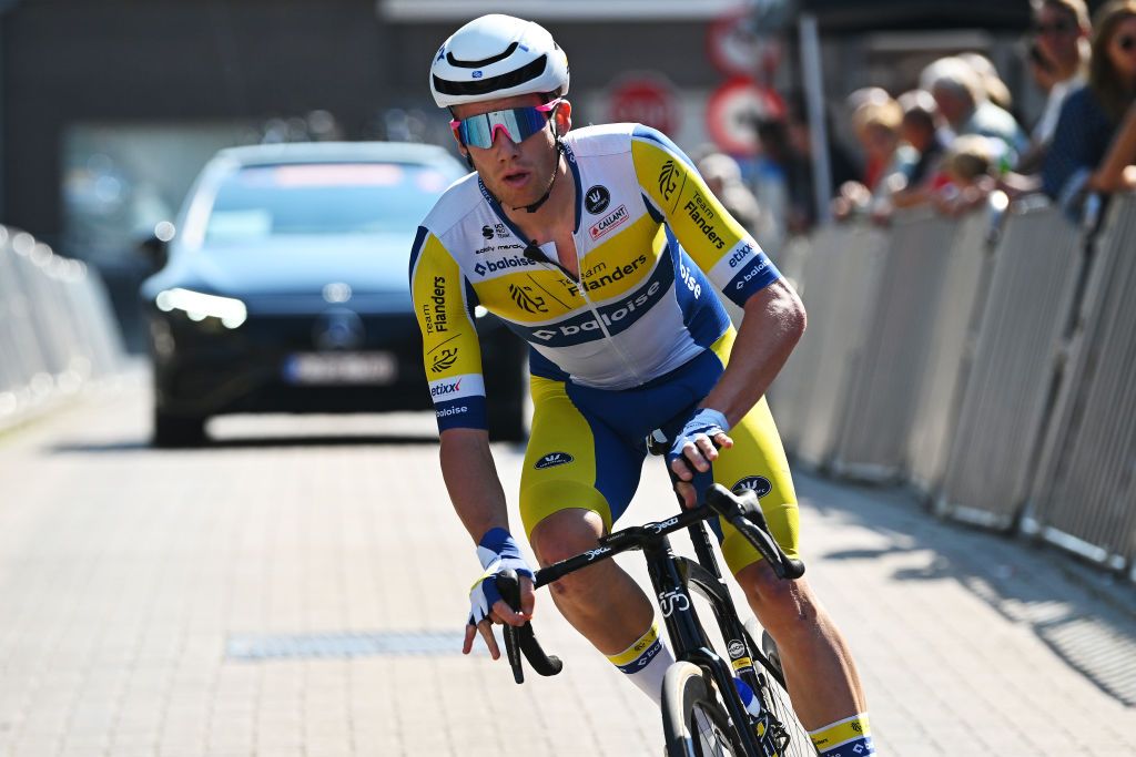 KOOLSKAMP BELGIUM SEPTEMBER 20 Alex Colman of Belgium and Team FlandersBaloise competes in the breakaway during the 108th Kampioenschap van Vlaanderen 2024 a 1802km one day race from Koolskamp to Koolskamp on September 20 2024 in Koolskamp Belgium Photo by Luc ClaessenGetty Images