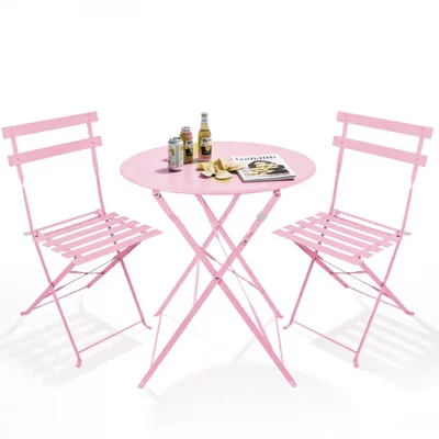 Mof 3-Piece Folding Bistro Set, Outdoor Garden Metal Table and Chairs, Powder-Coated Steel, 4 Colours Available (pink)