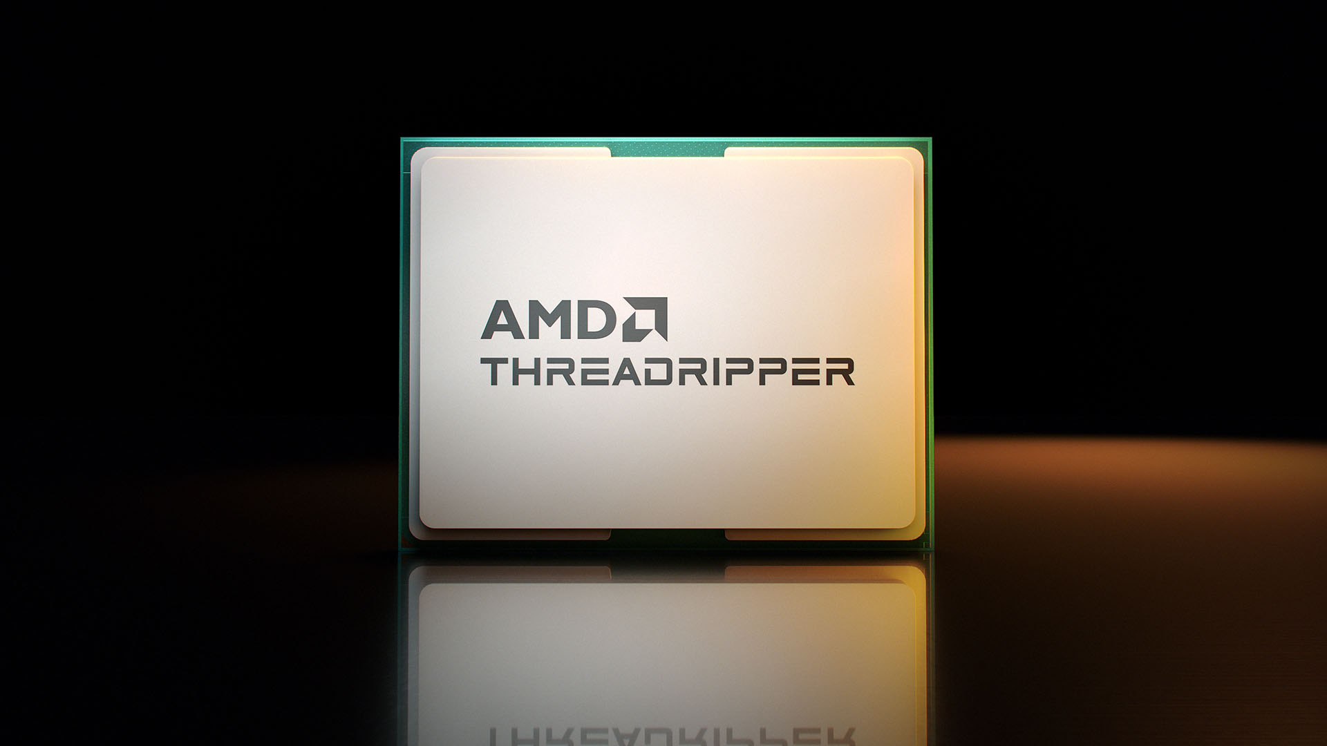 A mockup of an AMD Threadripper 9000-series chip on a reflective surface