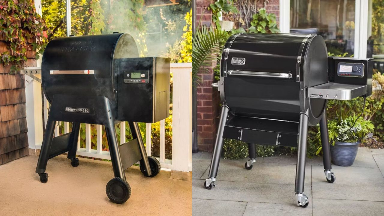 A two panel image illustrating &#039;Weber vs Traeger&#039;; a Traeger Ironwood 650 and a Weber Smokefire EX4