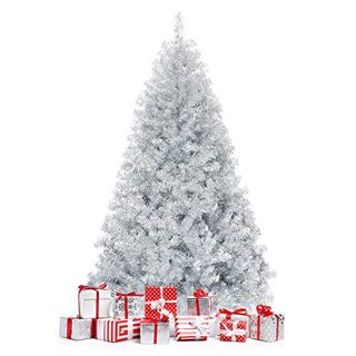 Happygrill 6ft Silver Christmas Tree Artificial Hinged Tinsel Xmas Tree With Metal Stand, 1036 Branch Tips, Holiday Decoration Tree for Indoor and Outdoor