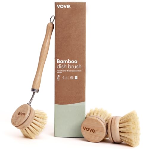 Vove | Bamboo Dish Brush | Long Lasting Brush With 3 Replacement Heads | Natural Bristle | Eco-Friendly | Wooden Dish Brush for Washing and Cleaning Pot Pan Dish Bowl
