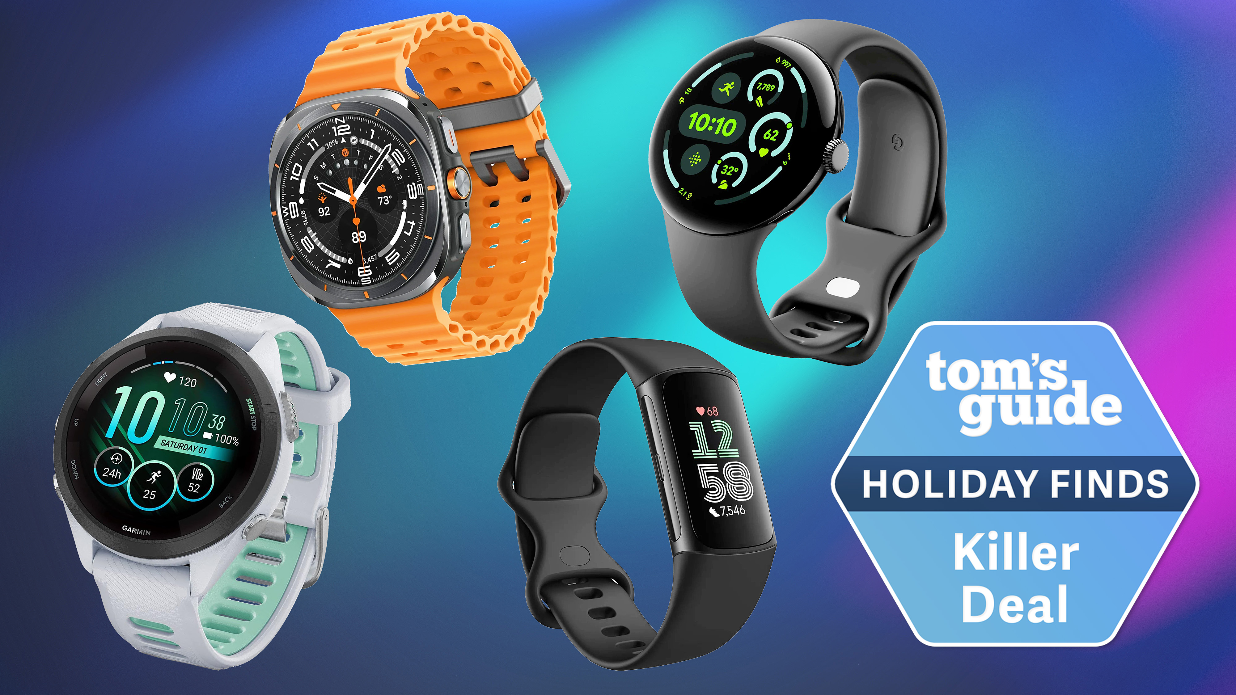 Garmin Forerunner 265S, Samsung Galaxy Watch Ultra, Fitbit Charge 6, and Google Pixel Watch 3 
