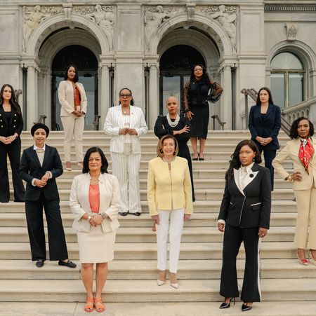 Congresswomen Bonnie Watson Coleman, Ilhan Omar, Pramila Jayapal, LaMonica McIver, Nancy Pelosi, Jasmine Crockett, and Yvette Clarke, Sara Jacobs, Jahana Hayes, Ayanna Pressley, Emilia Sykes, and AOC.