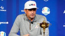 Keegan Bradley talks at a Ryder Cup media event