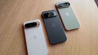 Comparing the Google Pixel 9 Pro (white) with the Pixel 10 Pro (grey) and the Pixel 11 Pro (green)