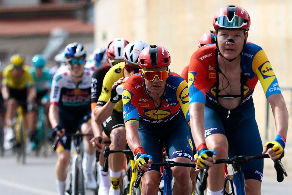 Lidl-Trek's Danish rider Mads Pedersen (C) cycles with the pack of riders during the first stage of the 108th Giro d'Italia cycling race, 160km from Durres to Tirana in Albania, on May 9, 2025. (Photo by Luca Bettini / AFP)