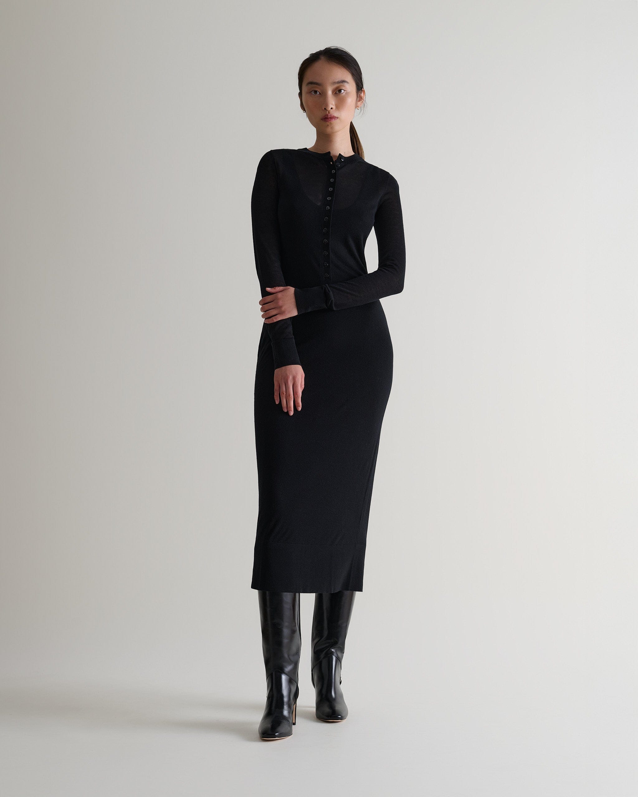 Women&#039;s Tencel&amp;trade; Cashmere Double Layered Button Dress - Black