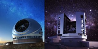 Artists' impressions of the Thirty Meter Telescope (left) and the Giant Magellan Telescope (right), two U.S. projects to build enormous ground-based observatories.