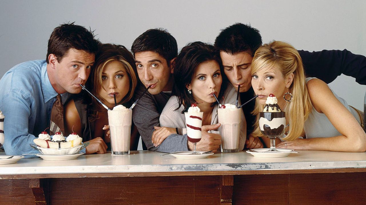 The Friends gang drinking milkshakes 