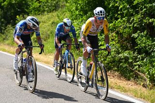 RAPOLANO TERME ITALY MAY 09 LR Julian Alaphilippe of France and Team Soudal QuickStep Pelayo Sanchez of Spain and Movistar Team and Luke Plapp of Australia and Team Jayco AlUla compete in the breakaway during the 107th Giro dItalia 2024 Stage 6 a 180km stage from Viareggio to Rapolano terme 322m UCIWT on May 09 2024 in Rapolano terme Italy Photo by Tim de WaeleGetty Images