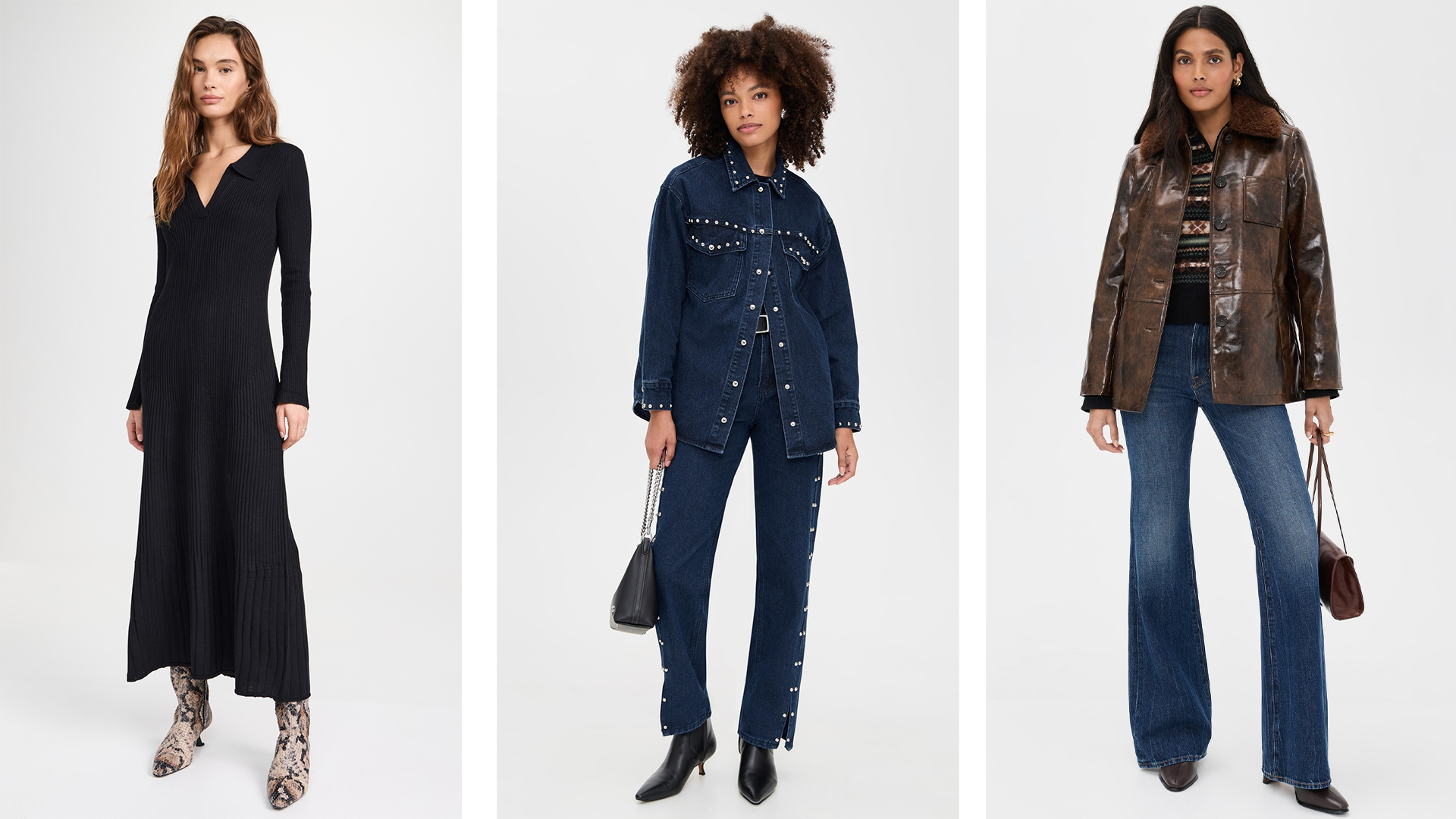 One model wears all denim studded outfit in a dark wash with black boots and a black handbag. The next model wears a brown faux leather jacket with a faux fur collar, flared jeans, and a handbag. The last model wears a long sleeve black dress and snakeskin boots.