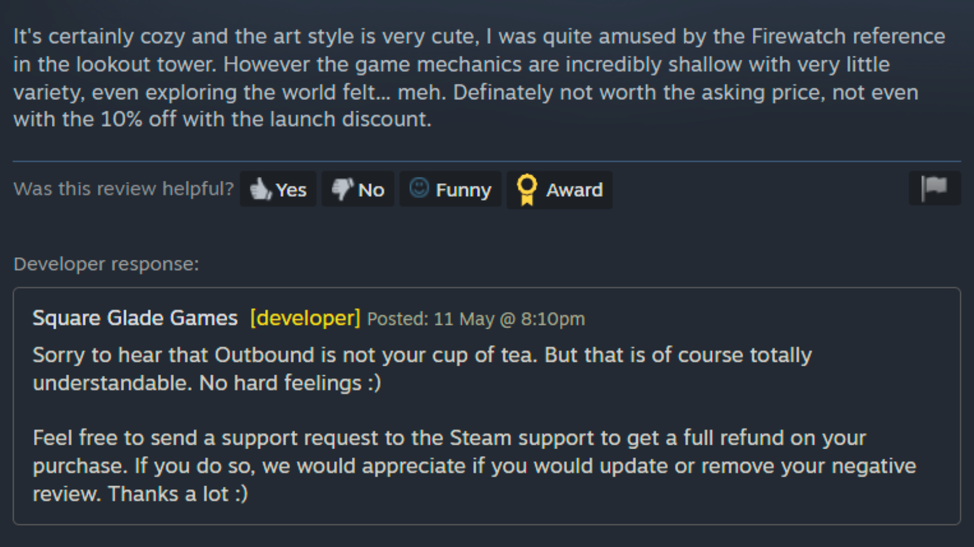 Steam screenshot of Outbound review and developer's response