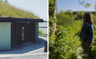 External grass roof dwelling and girl in Irish countryside