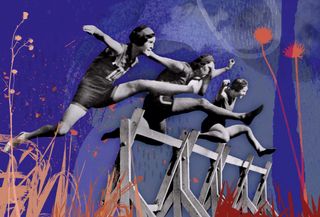 Collage of three women leaping over a hurdle