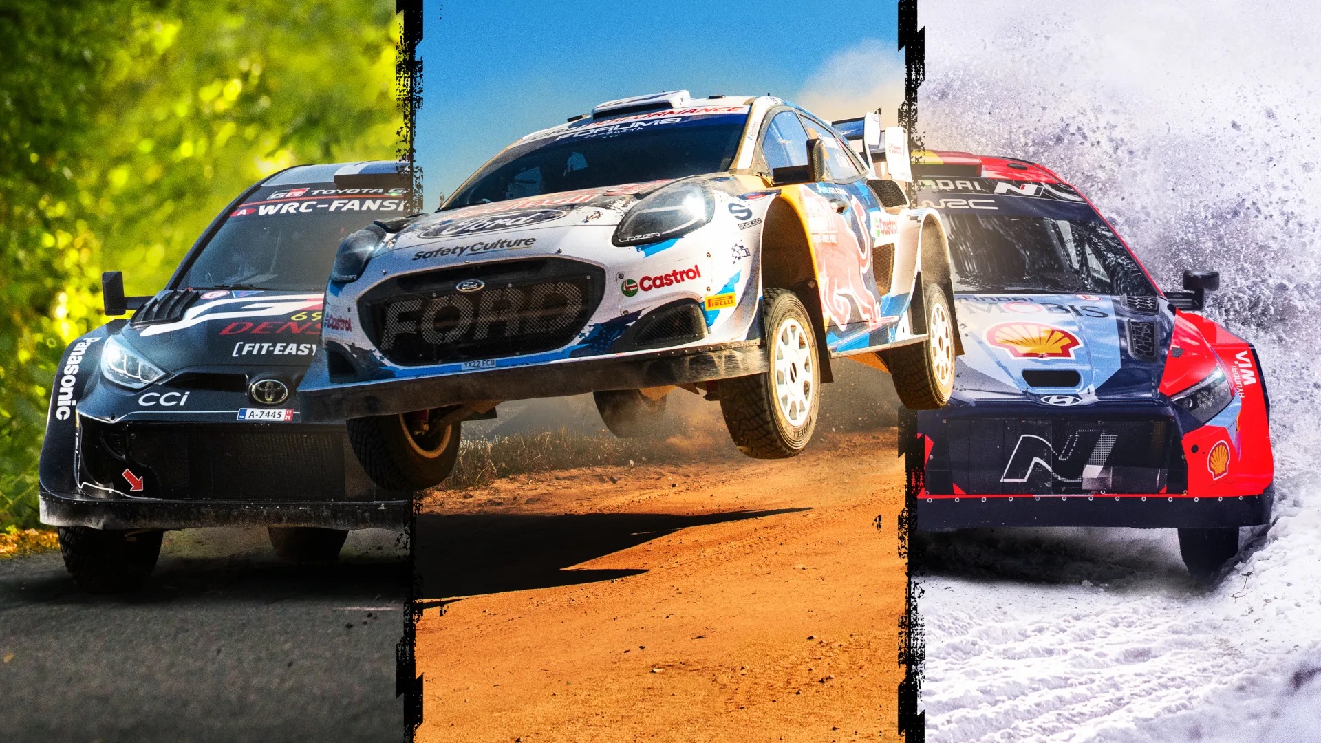 Three rally cars speed across different kinds of race tracks.