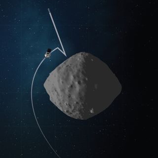 This artist's concept shows the trajectory and configuration of NASA's OSIRIS-REx spacecraft during the checkpoint rehearsal on April 14, 2020.