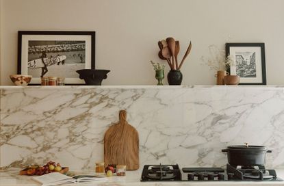 A styled kitchen shelf