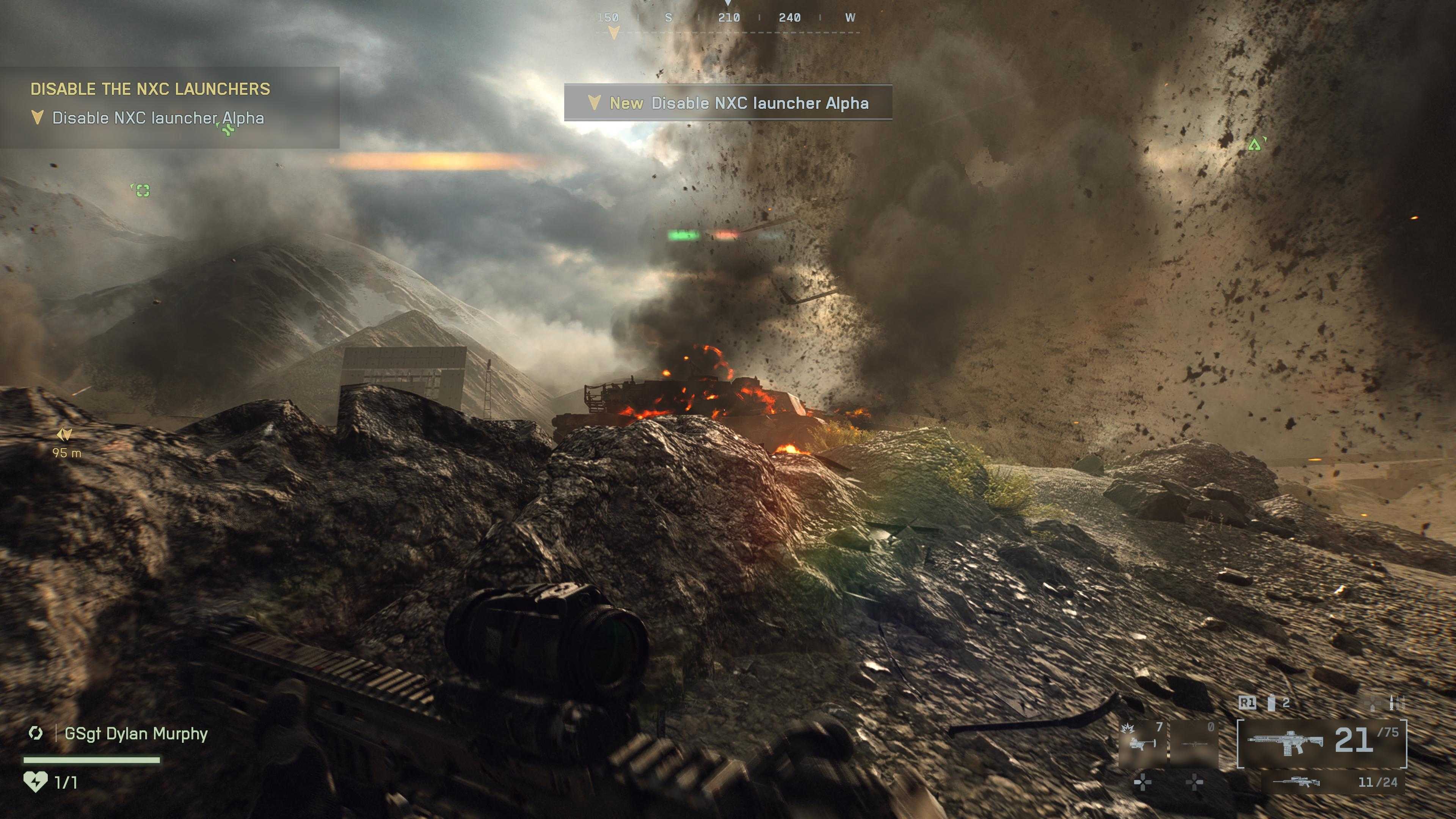 Battlefield 6 campaign screenshot showing the player running through explosions