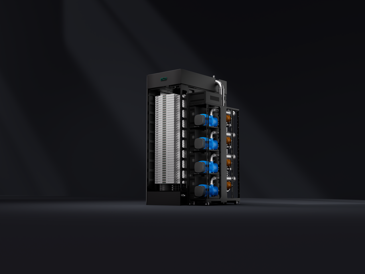 HPE Cray Supercomputing GX5000 supercomputing infrastructure rack, showing exposed racks through open front panel with cooling system attached on side.