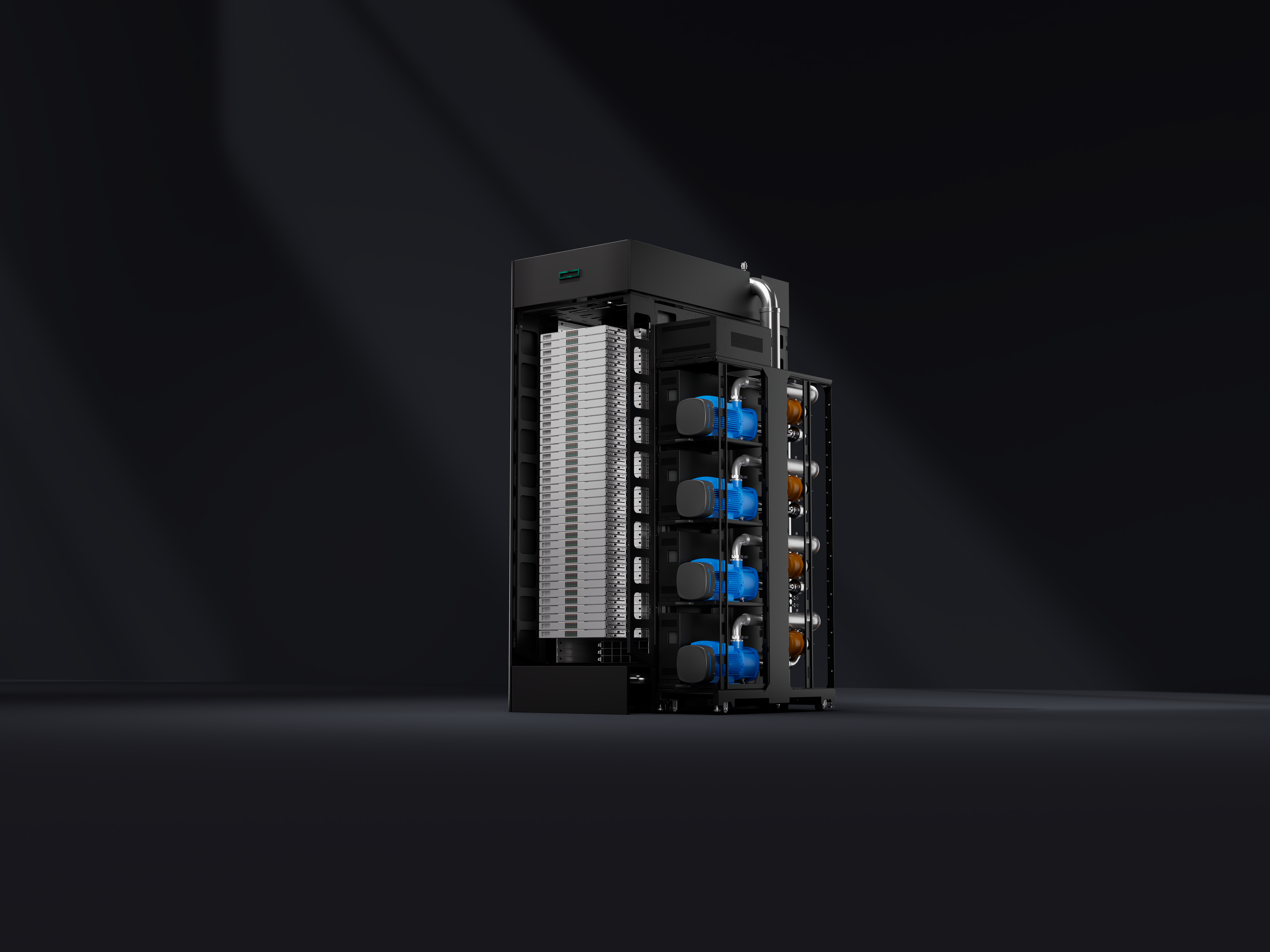 HPE Cray Supercomputing GX5000 supercomputing infrastructure rack, showing exposed racks through open front panel with cooling system attached on side.