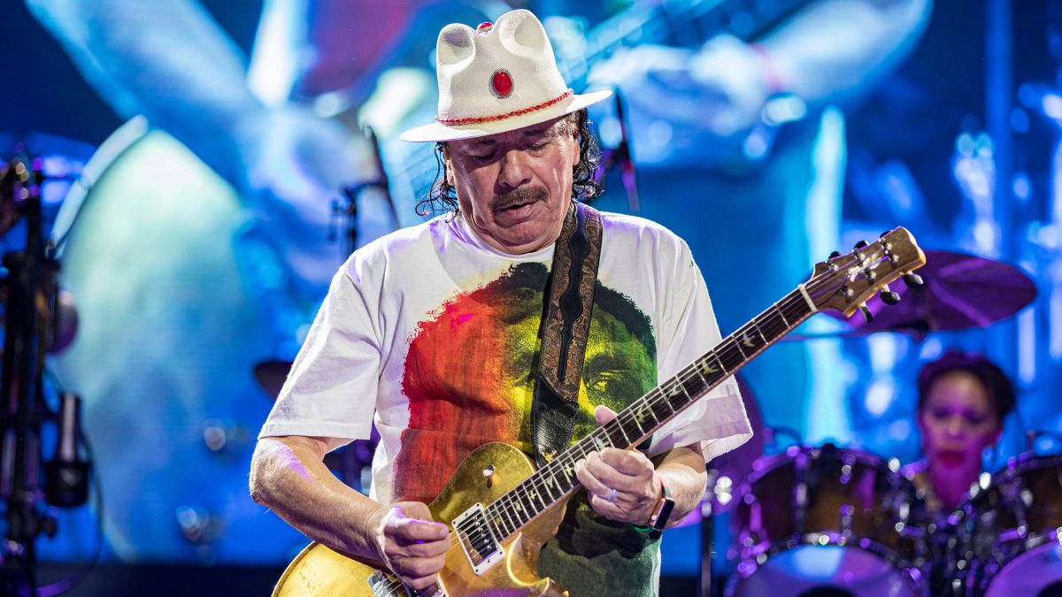 Guitarist Carlos Santana of Santana performs on stage at North Island Credit Union Amphitheatre on June 17, 2022 in Chula Vista, California