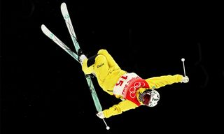 Anastassiya Gorodko performing a trick on a Winter Olympics Freestyle Skiing live stream